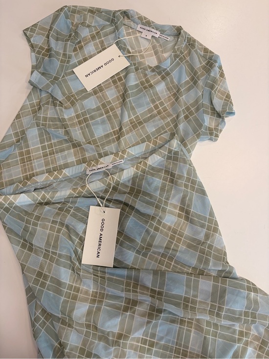 Good American Tops - Good American Light Blue and Olive Plaid Short Sleeve and skirt   set